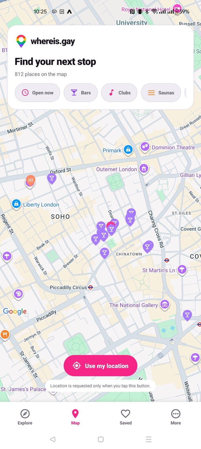 WhereIs.Gay app map screen showing nearby venue categories and locations