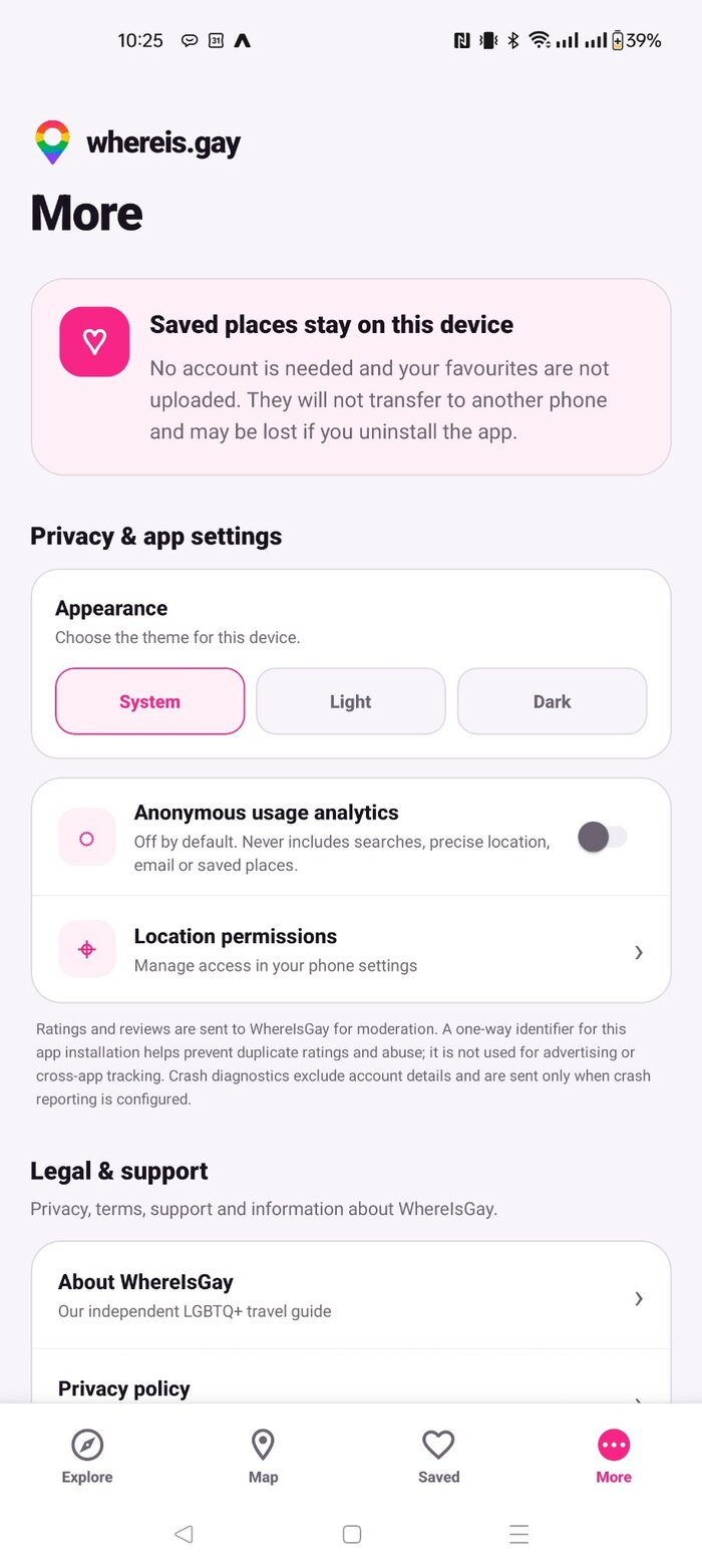 Screenshot of the WhereIs.Gay More screen describing on-device saved places