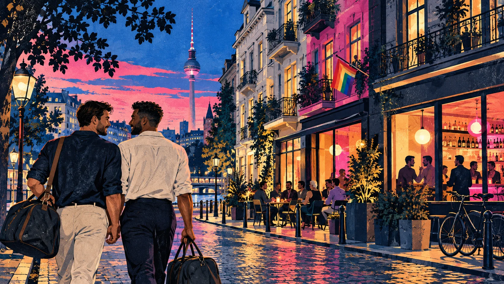 Illustration of two travelers on a Berlin street at dusk, with a rainbow flag and distant TV tower