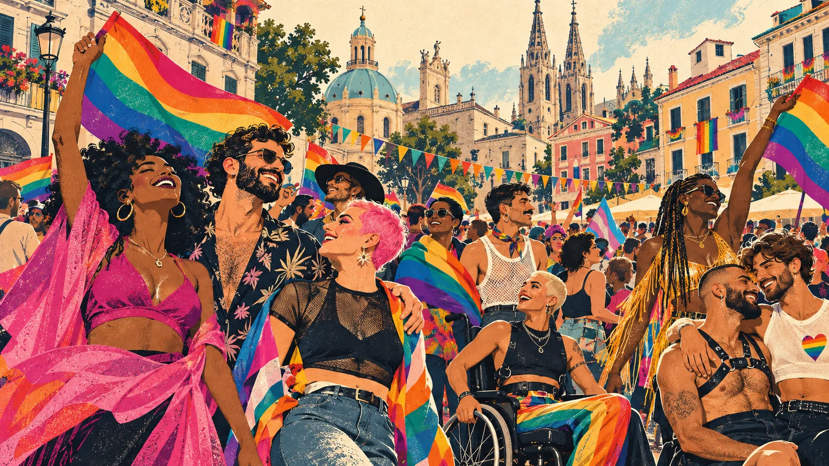 Illustration of adults celebrating Pride in a European city with rainbow flags