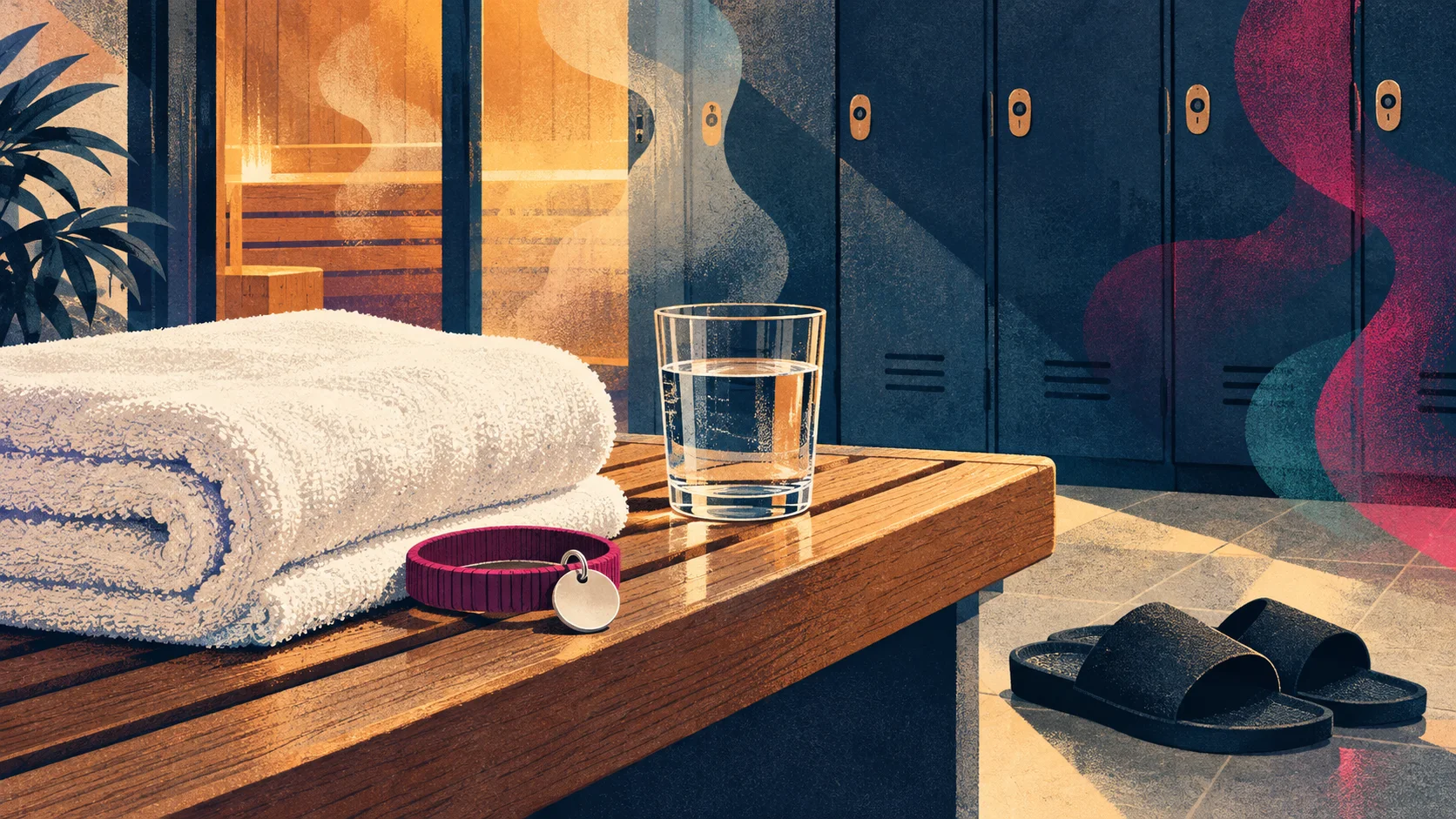 Illustration of folded towels, a locker wristband, water and sandals on a sauna bench