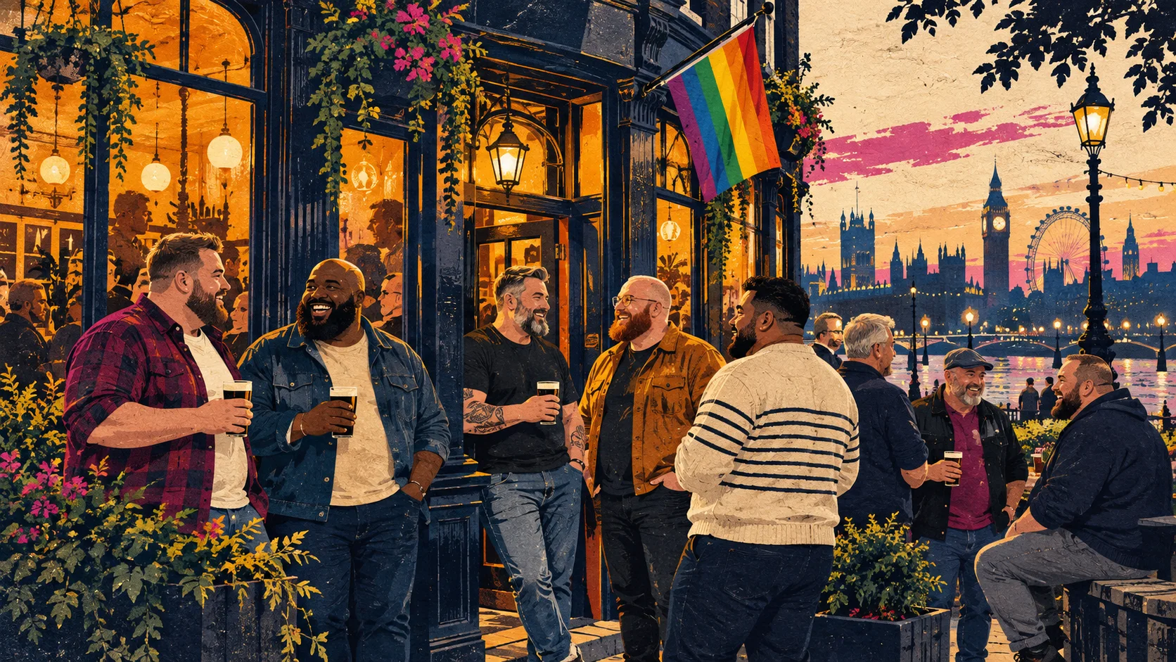Illustration of adult friends chatting outside a welcoming London pub