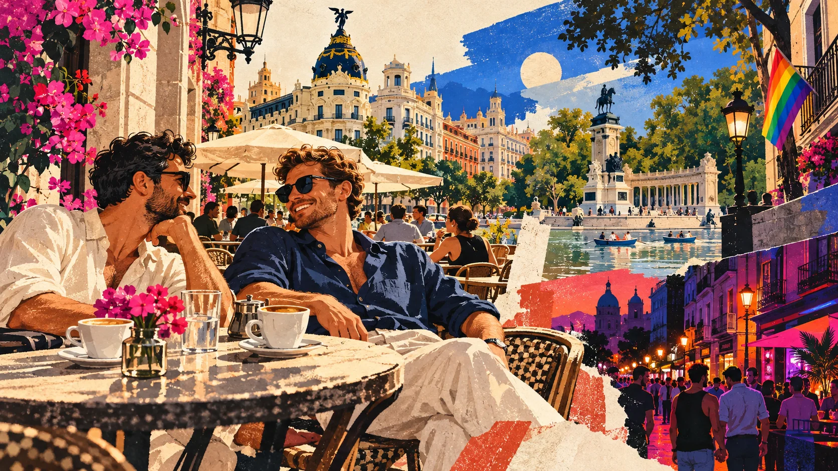 Illustrated Madrid weekend collage with a cafe terrace, park and nightlife