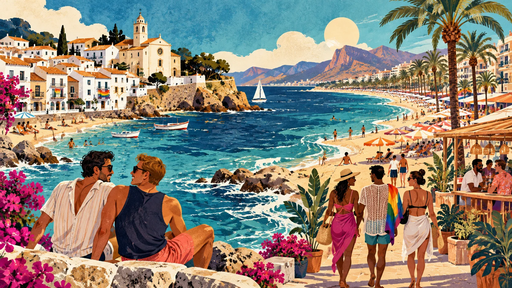 Illustrated comparison of a compact seaside town and a palm-lined Spanish resort promenade