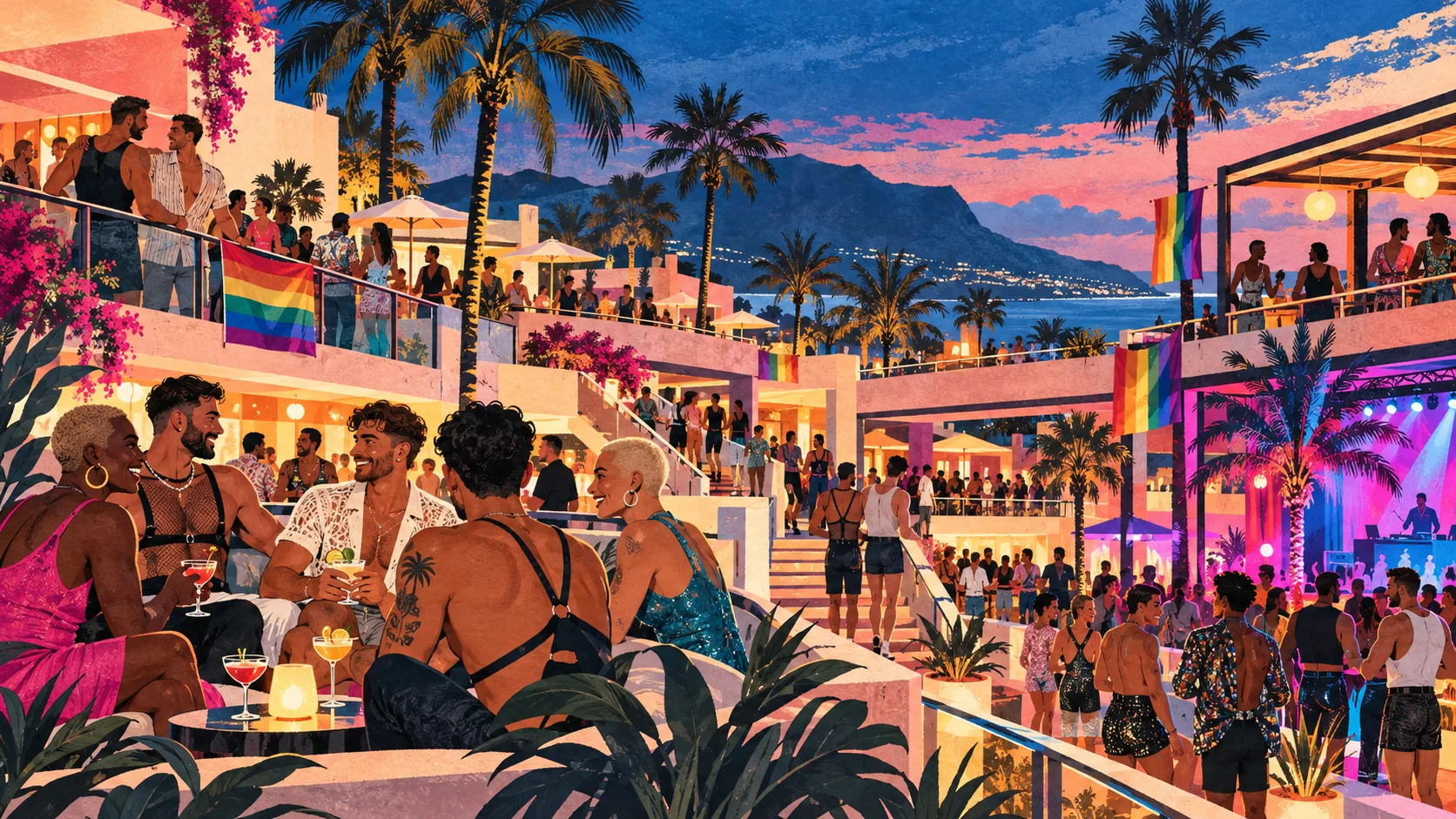 Illustration of adults socializing in a palm-lined, multilevel nightlife plaza